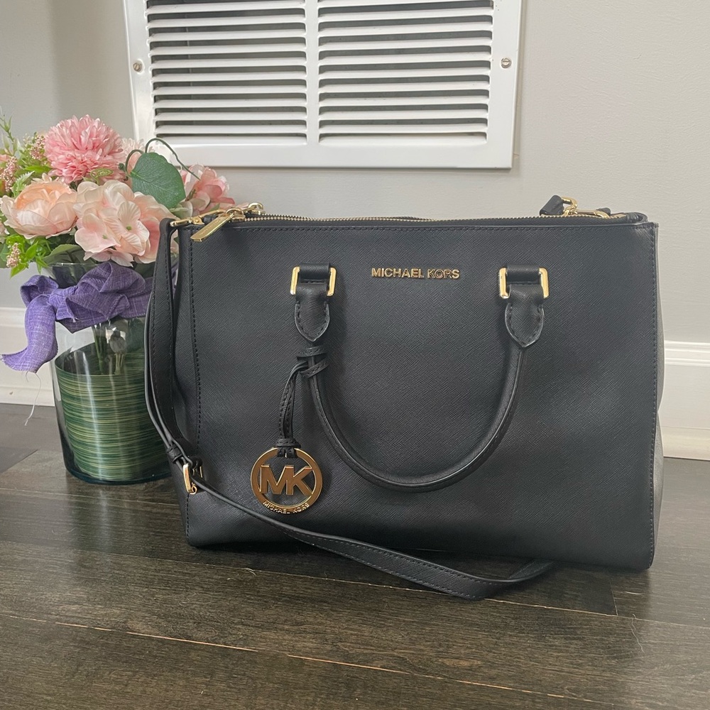 Michael Kors Black Leather Satchel with Gold MK Charm